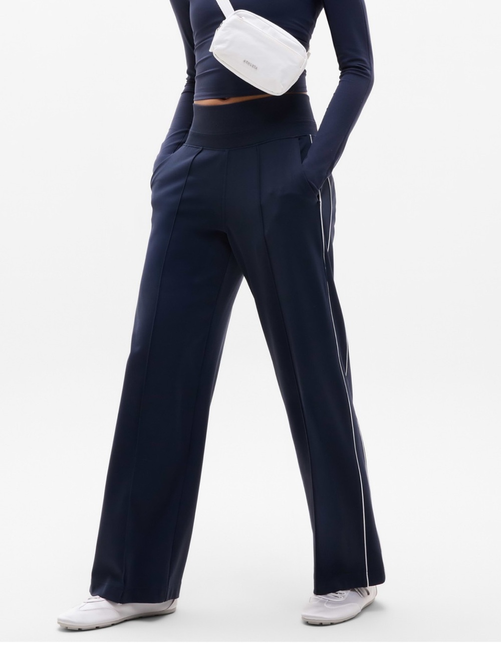 Athleta Venice High Rise Track Wide Leg Pants in Navy with White Stripes